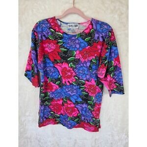 Michael Carrie Vintage Floral Polka Dot‎ Knit Top 3/4 Sleeve Pink Purple Black M